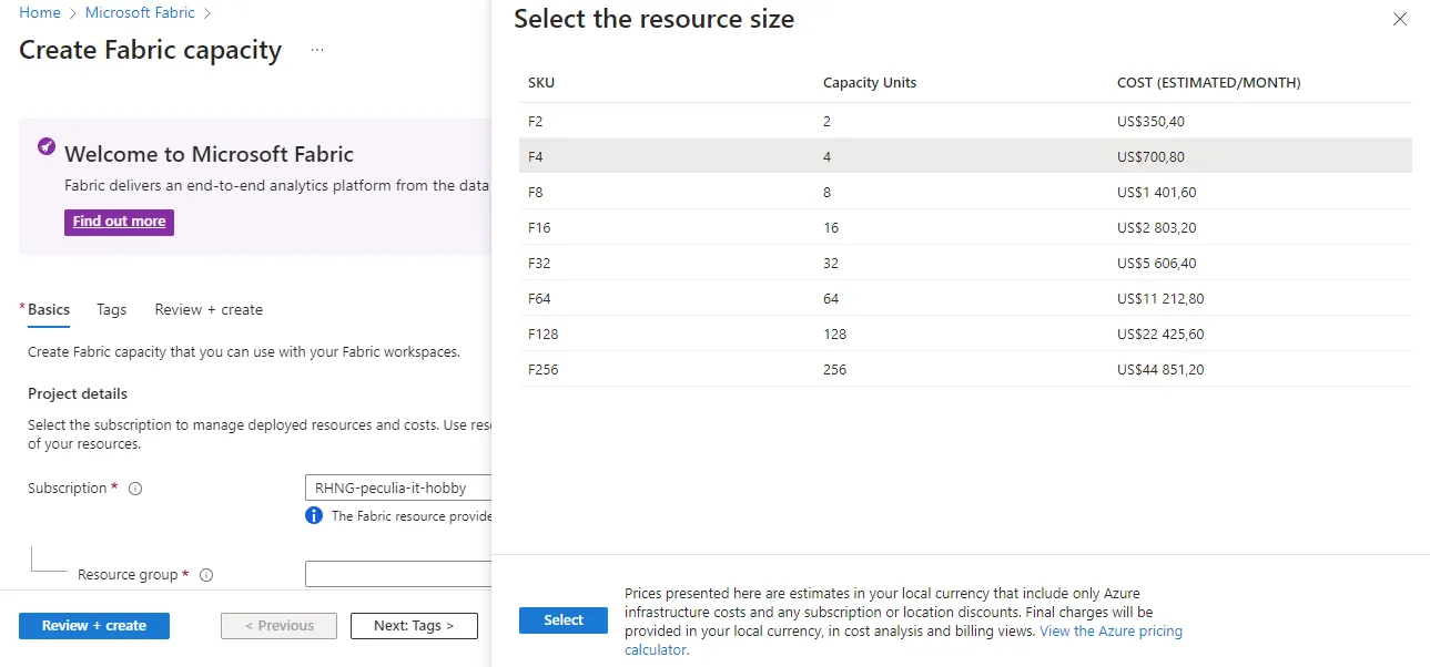 Screenshot: Provision Microsof Fabric Capacity on Azure