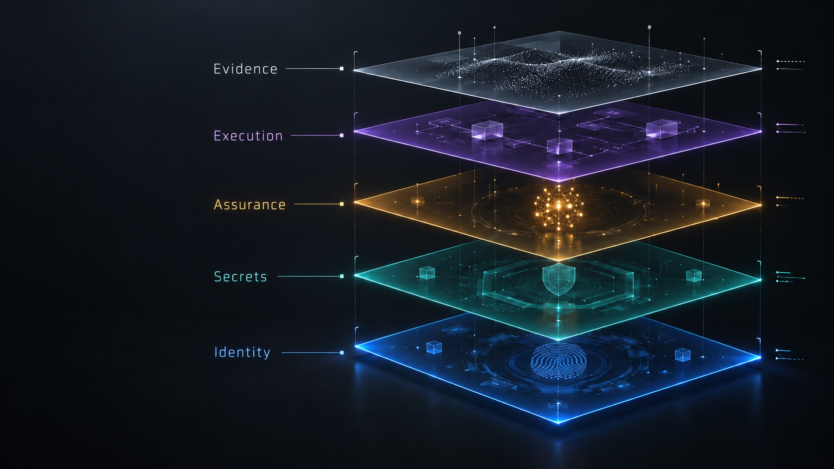 Five stacked translucent planes labelled Identity, Secrets, Assurance, Execution and Evidence, floating as a layered trust substrate for autonomous AI work