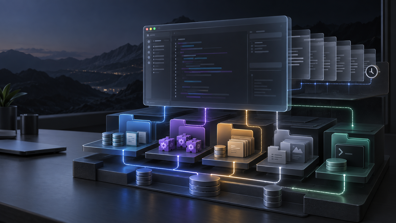 A translucent editor window hovering above stepped platforms that hold folders, databases, settings cards and a terminal, linked by glowing circuit paths above a dark desk