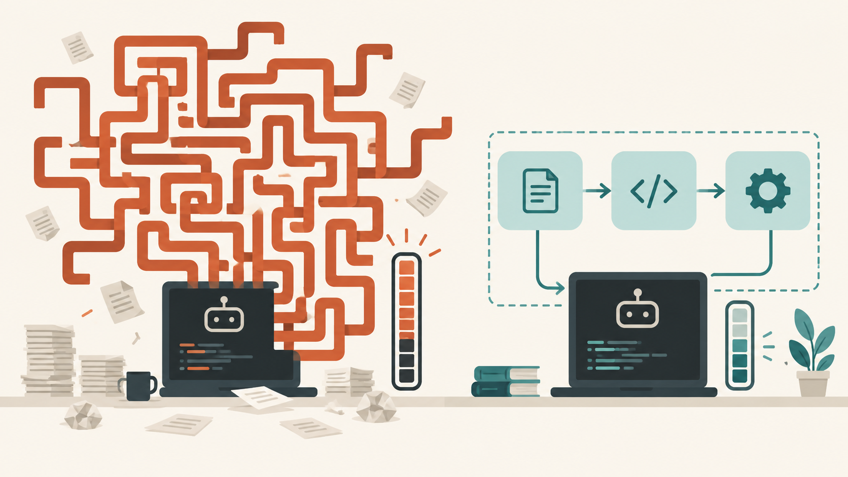 An orange maze feeding an overloaded coding agent on one side, contrasted with a bounded teal workflow and a steady meter on the other