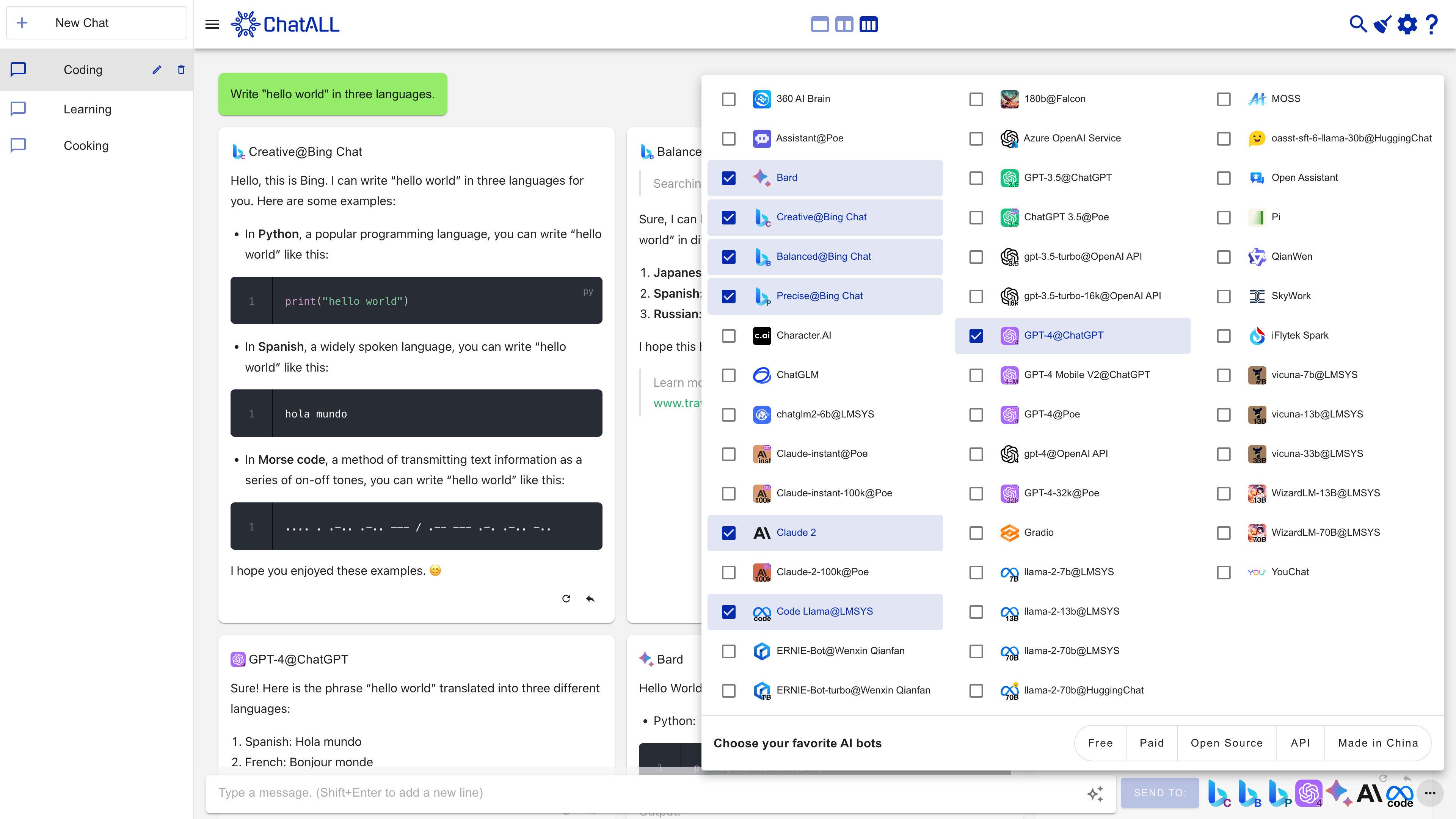 Chat4All desktop interface comparing several AI assistants side by side